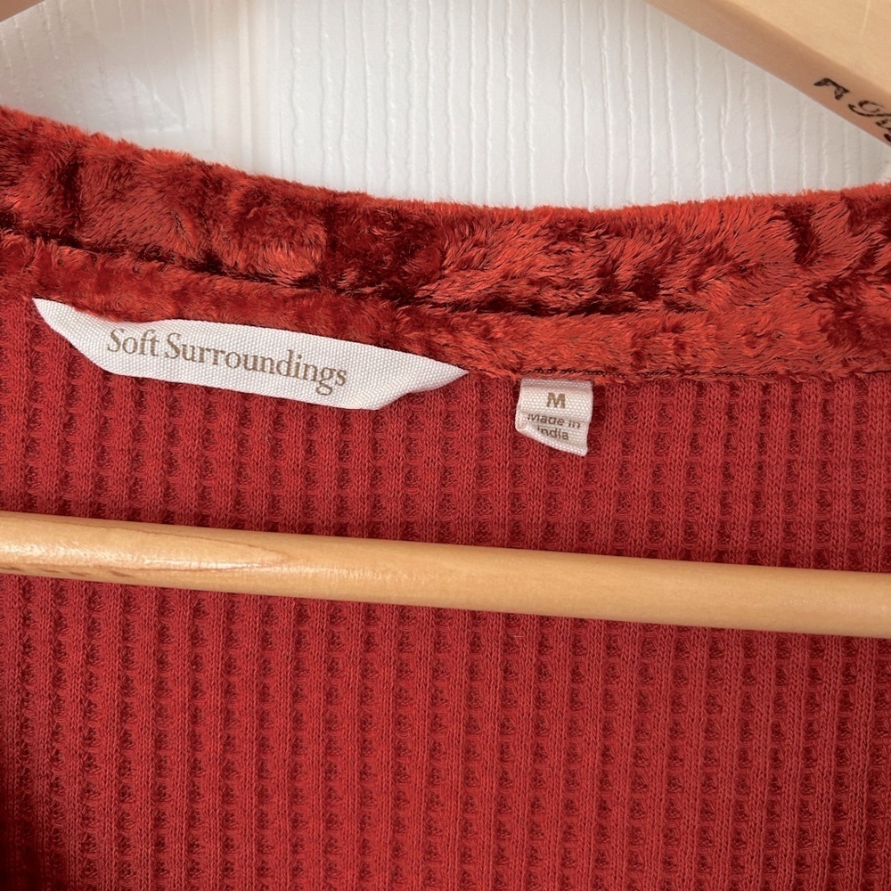 Soft Surroundings Waffle Knit Velvet Trim Burnt Orange Long Sleeve Top - Picture 3 of 7